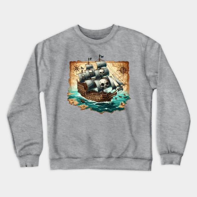 Pirate Ship, Sailing On A Treasure Map Crewneck Sweatshirt by Vehicles-Art